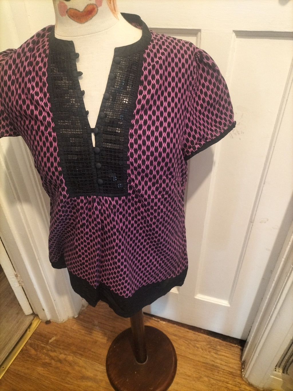 Ladies Monsoon Size 14 Purple And Black Short Sleeved Blouse