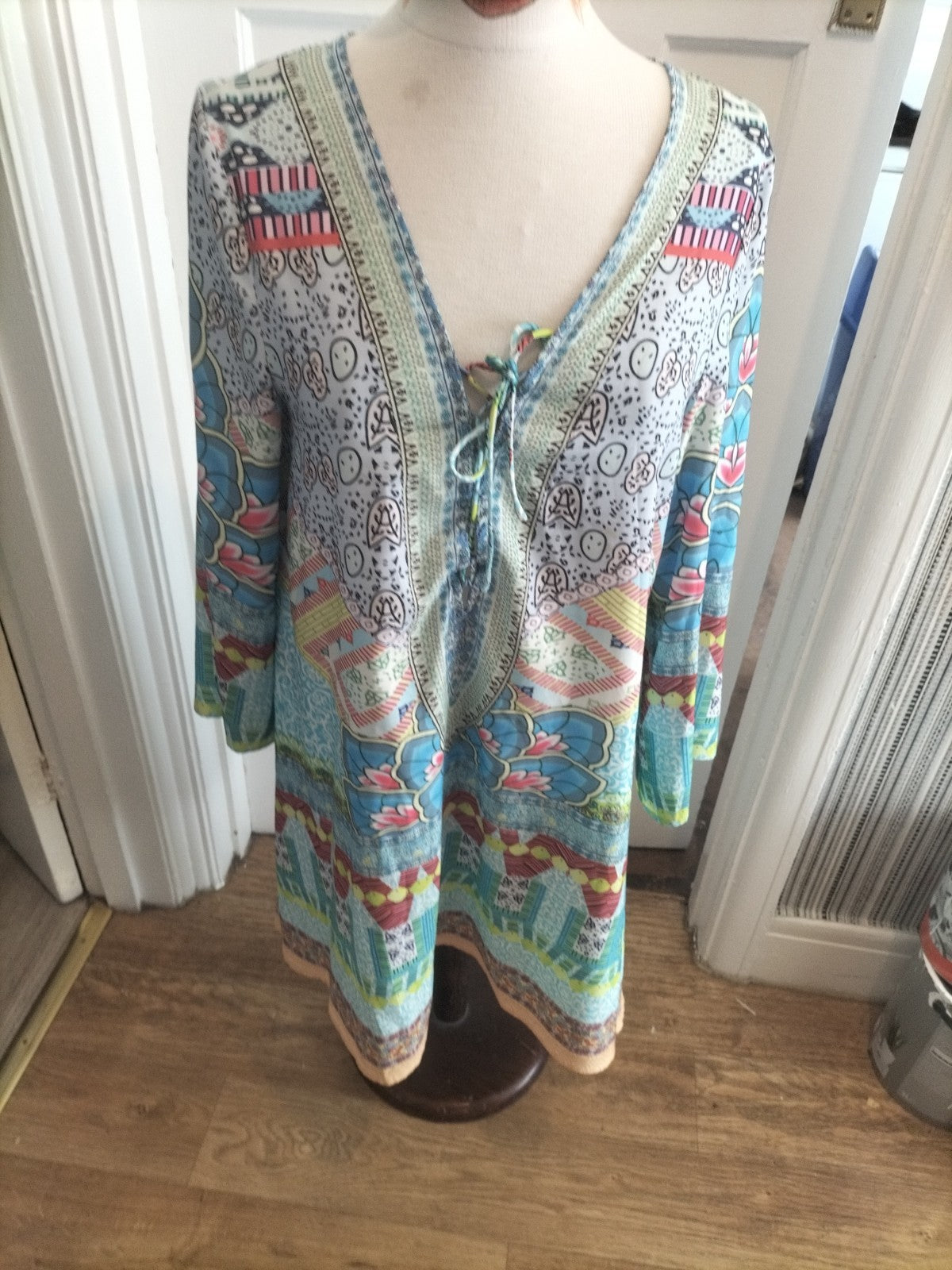 Ladies Small Multi Coloured Floral Aztec Mid Sleeved Dress