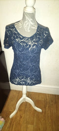 Ladies Next Size 8 Navy Lace Lined Short Sleeved Blouse