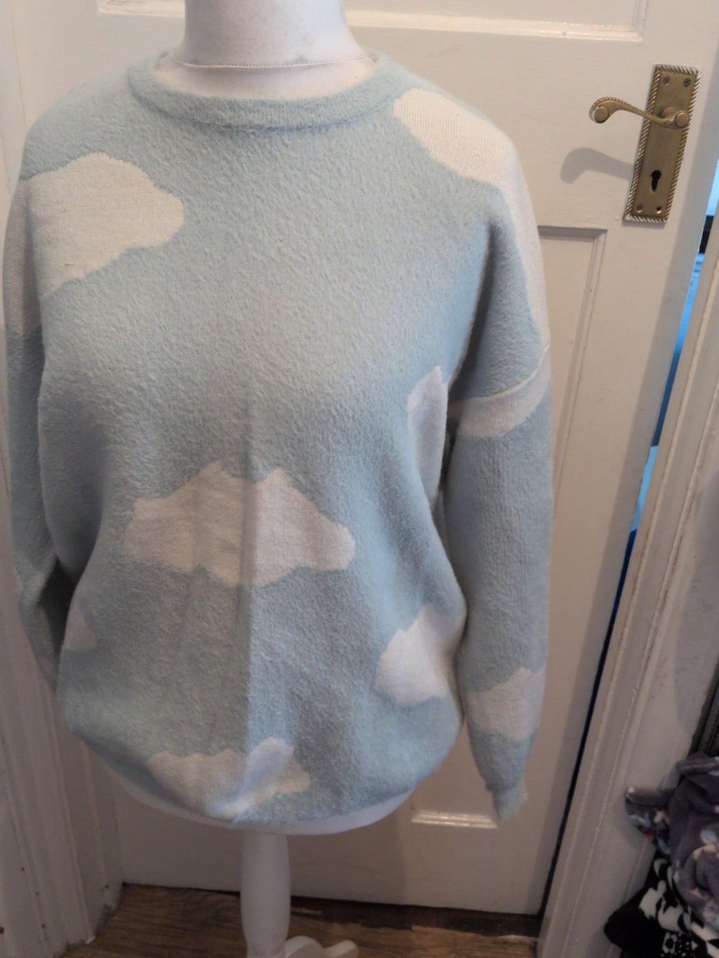 Shein Medium Blue And White Super Soft And Warm Cloud Pattern Jumper Pullover