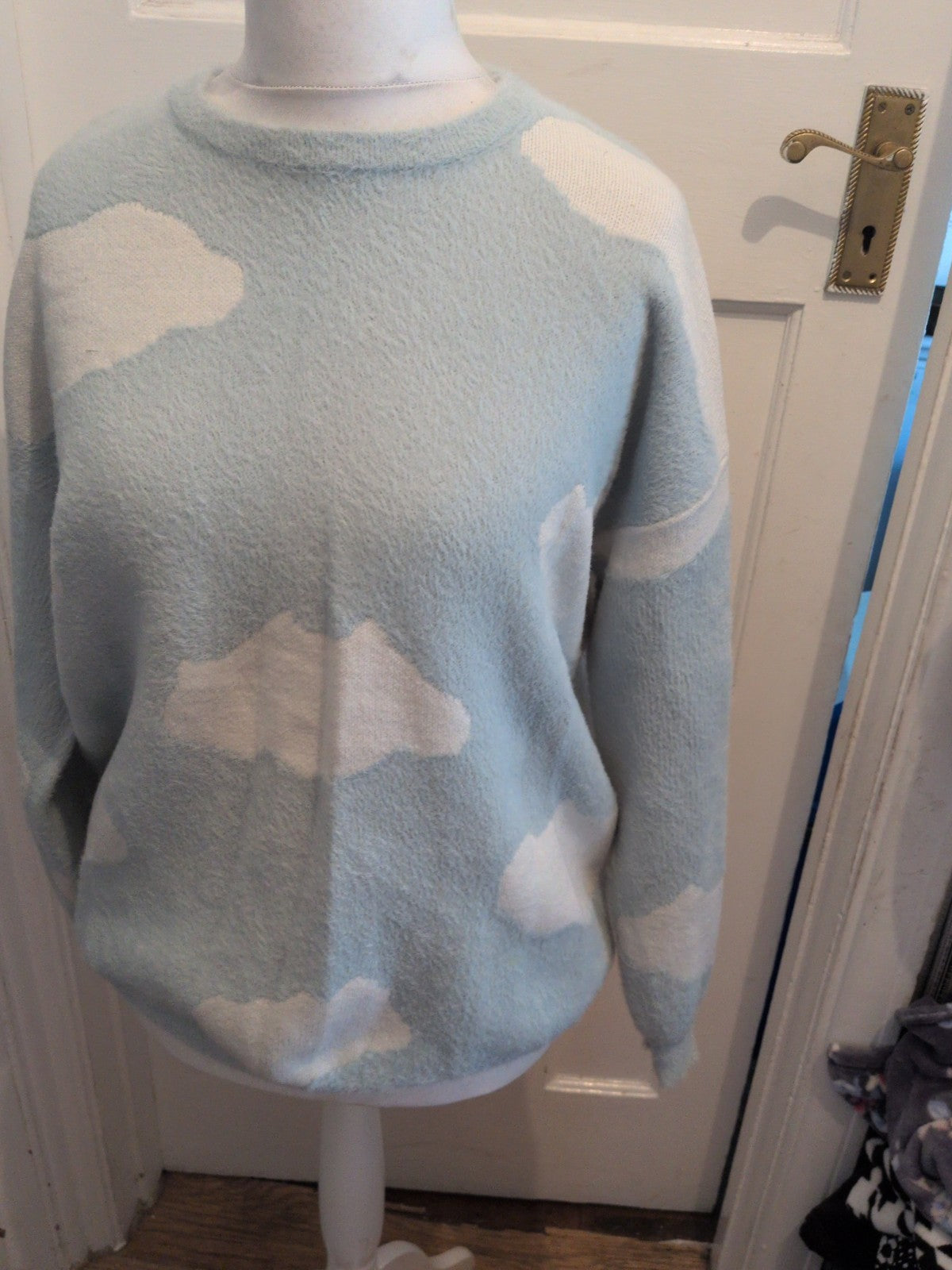 Shein Medium Blue And White Super Soft And Warm Cloud Pattern Jumper Pullover