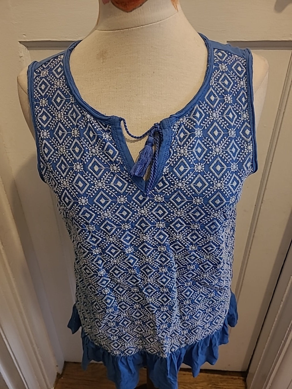 Ladies Next Size 12 Blue White Embroidery Sleeveless Blouse