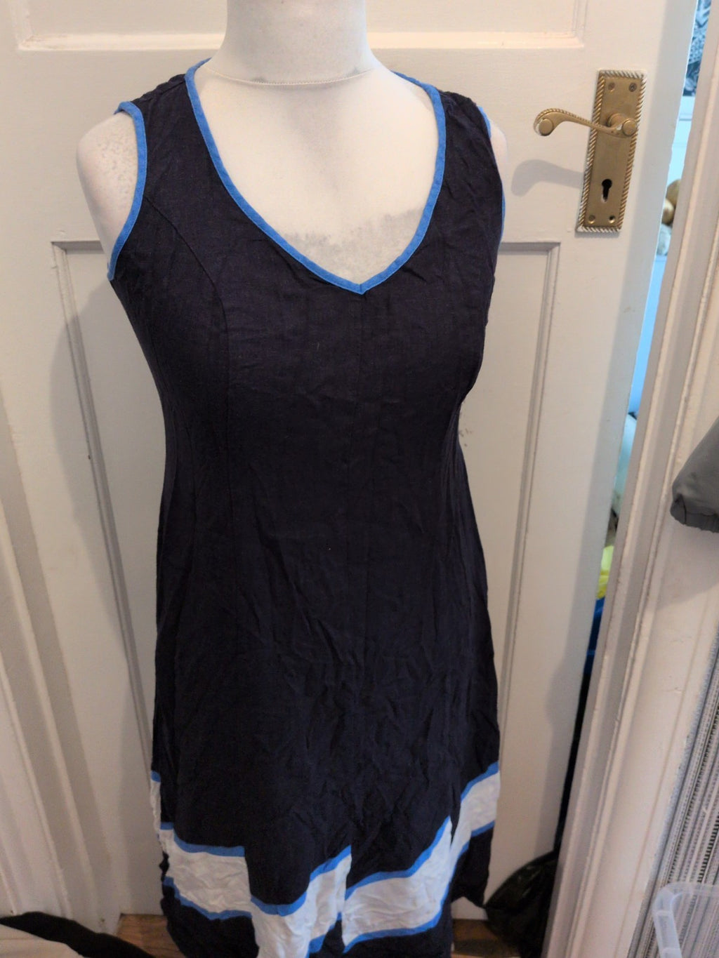 Marks And Spencer 12 Navy Sleeveless Midi Dress With Pattern On Hem