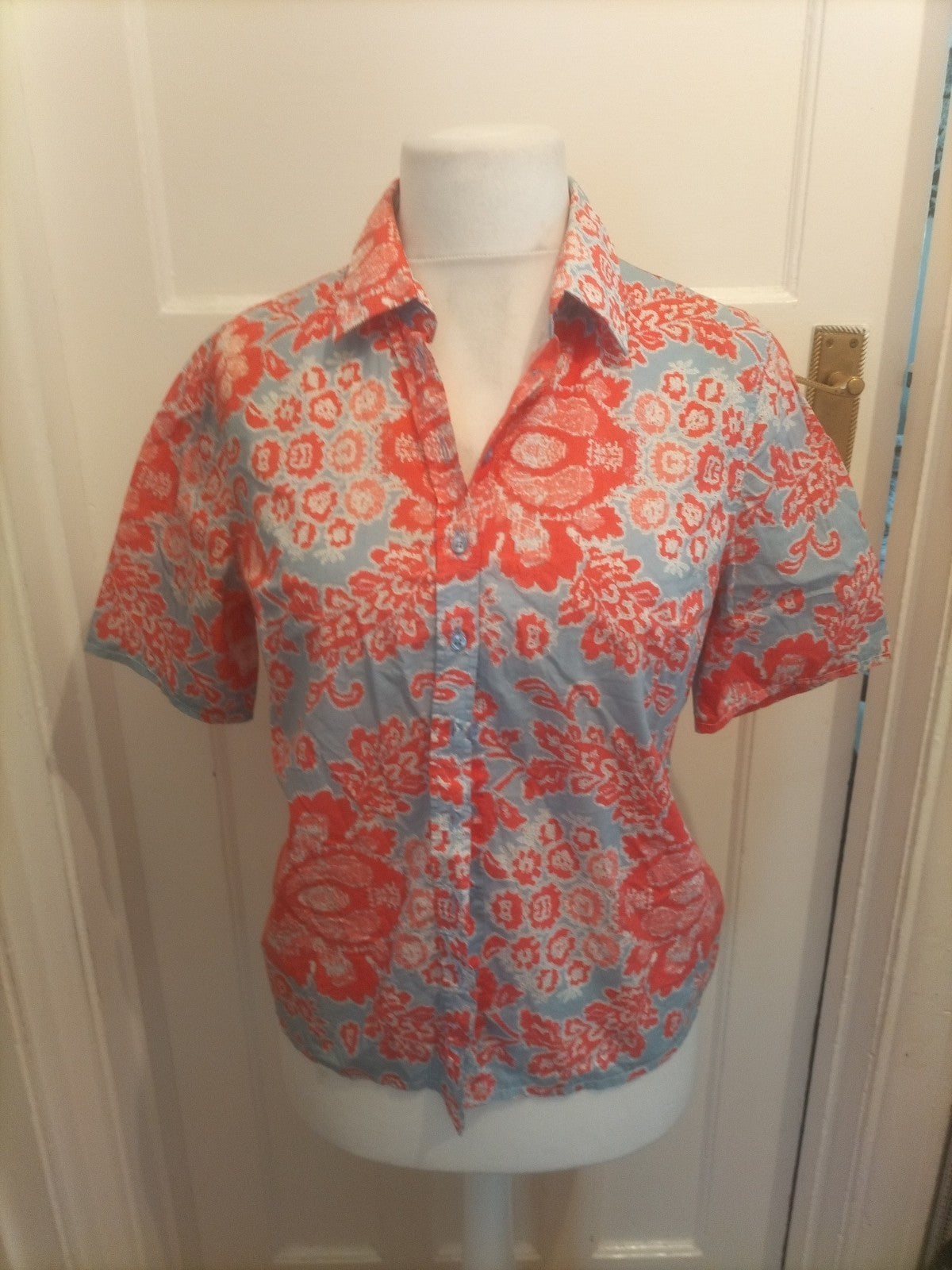 Ladies Hawes & Curtis Size 14 Grey And Red Short Sleeved Blouse Shirt