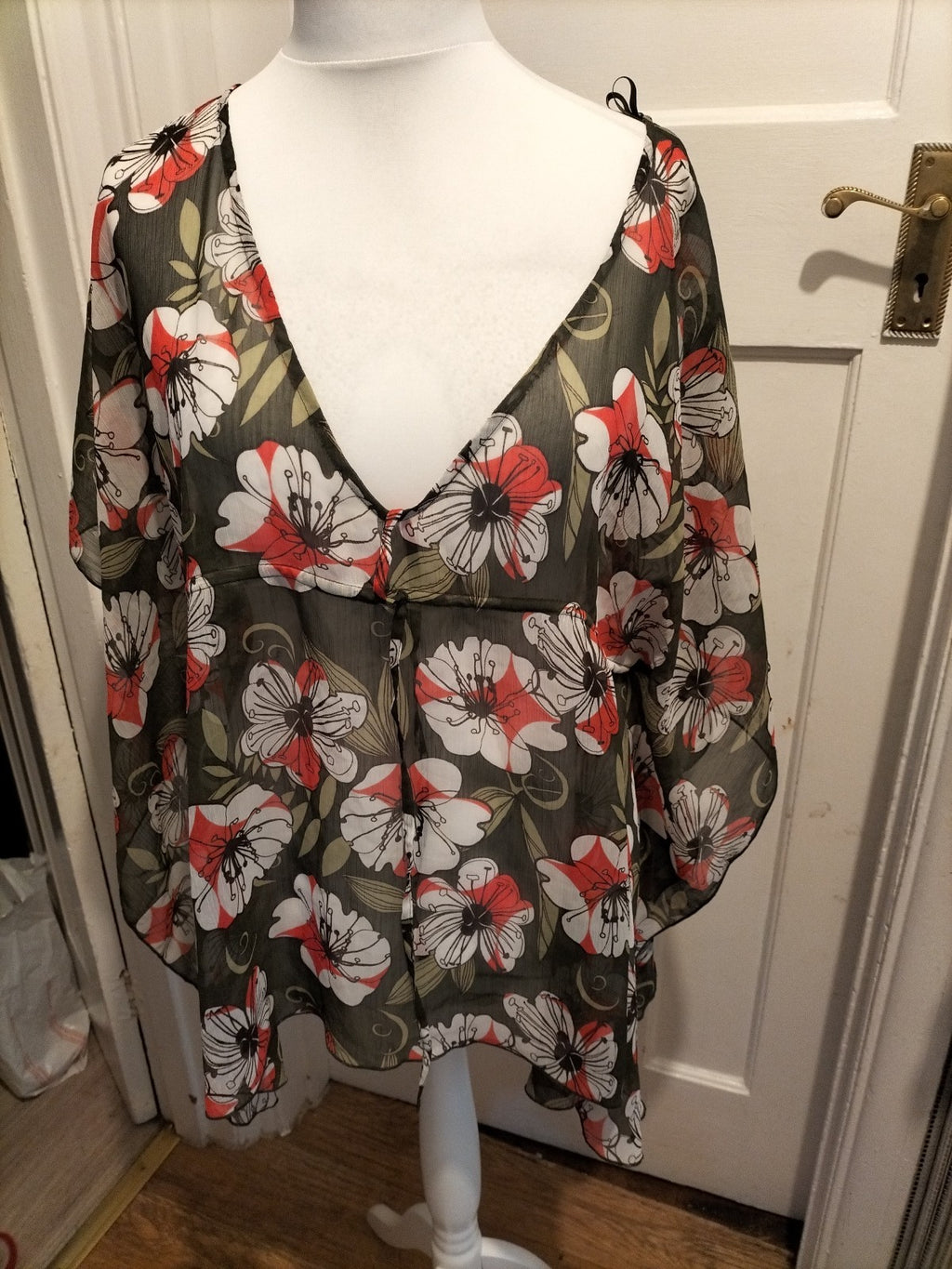 Ladies Debenhams Size XL Green And Pink Floral Semi See Through Blouse
