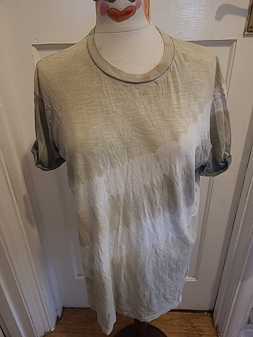 Mens Topman Size Medium Khaki And White Short Sleeved Tshirt(Hole By Label)