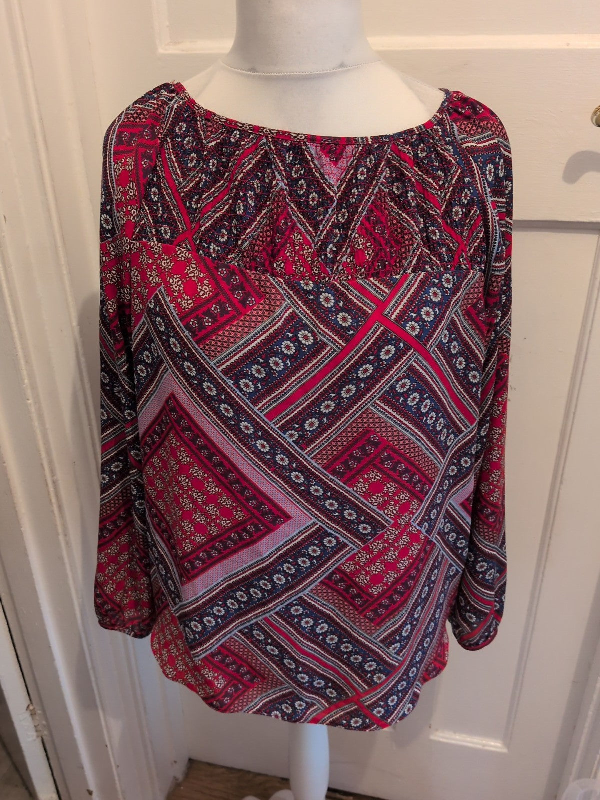 Dorothy Perkins 16 Red And Navy Aztec Long Sleeve Blouse