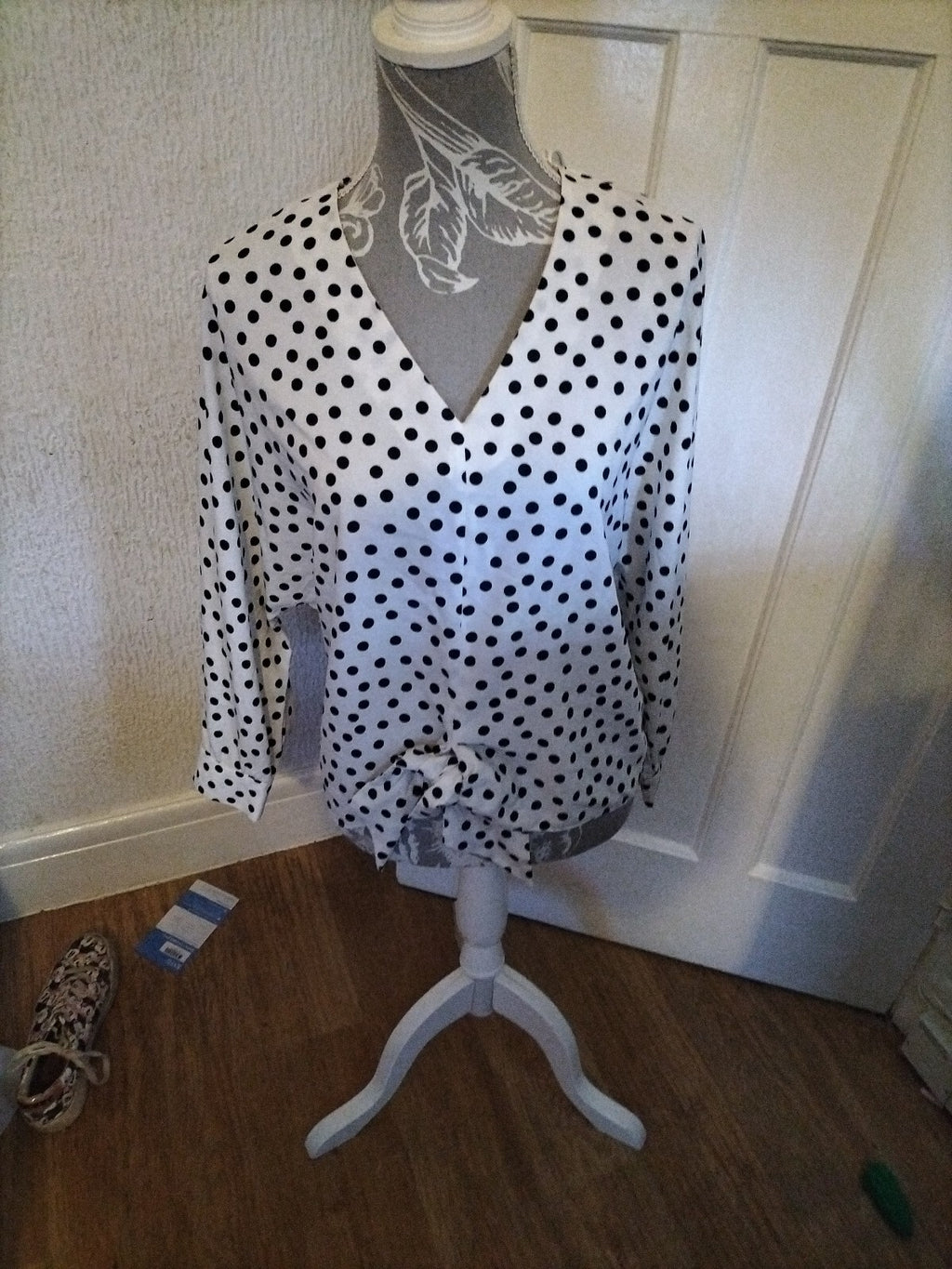 Ladies Primark Size 10 White With Black Poka Dots Long Sleeve Blouse