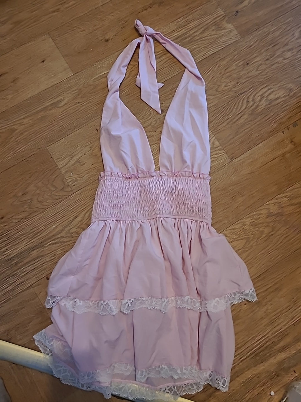 Ladies Shein Size Medium Pink With White Frill Halterneck Bubblehem Dress