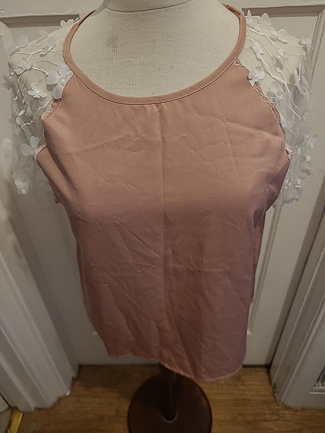 Ladies Shein Size Large Pink With White Floral Sleeve Tshirt