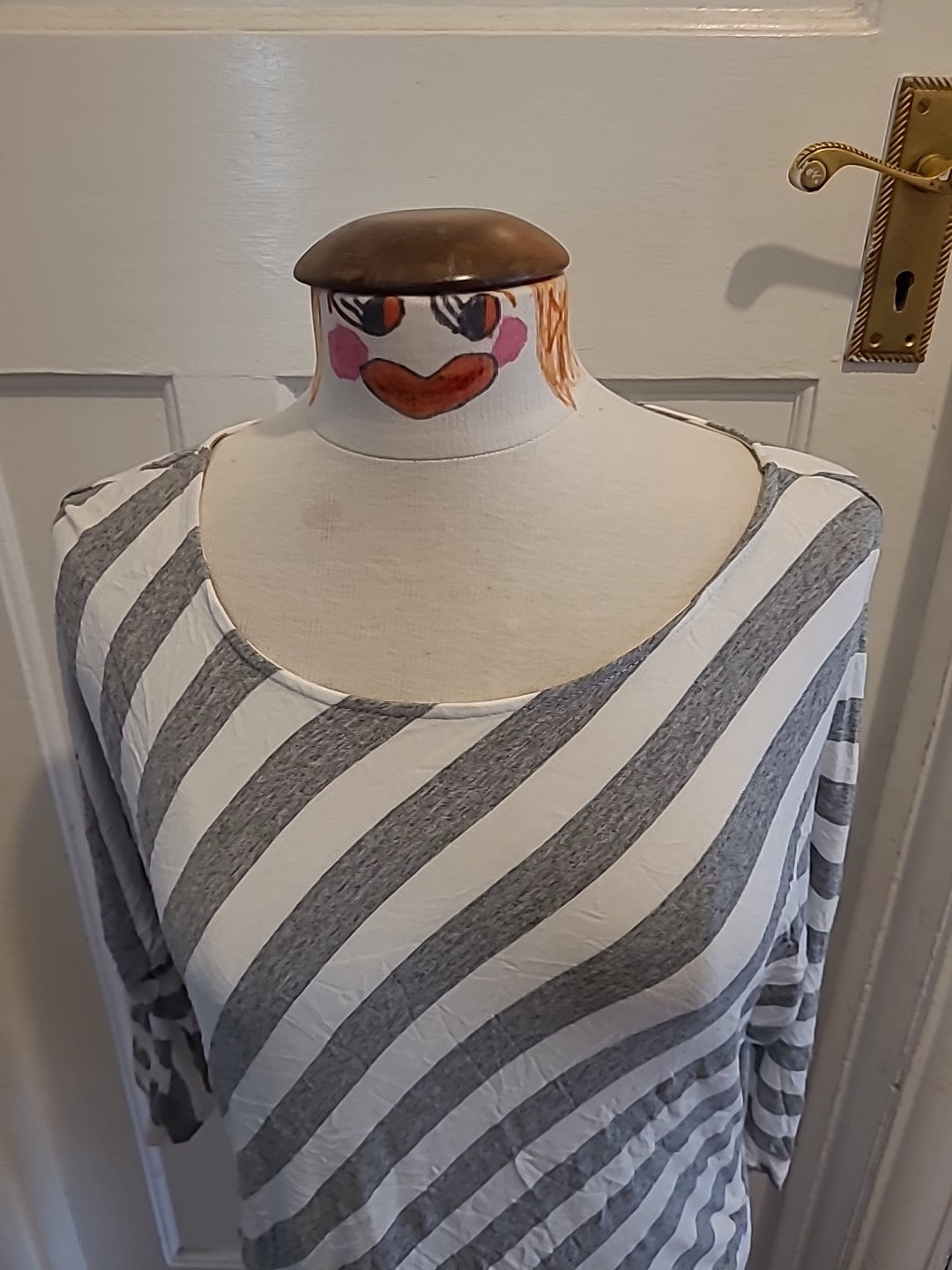 Ladies Large Grey And White Striped Mid Sleeved Blouse
