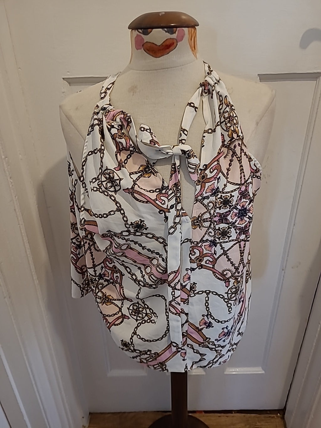 Ladies Primark Size 14 Pink And White Chain And Lock Sleeveless Top