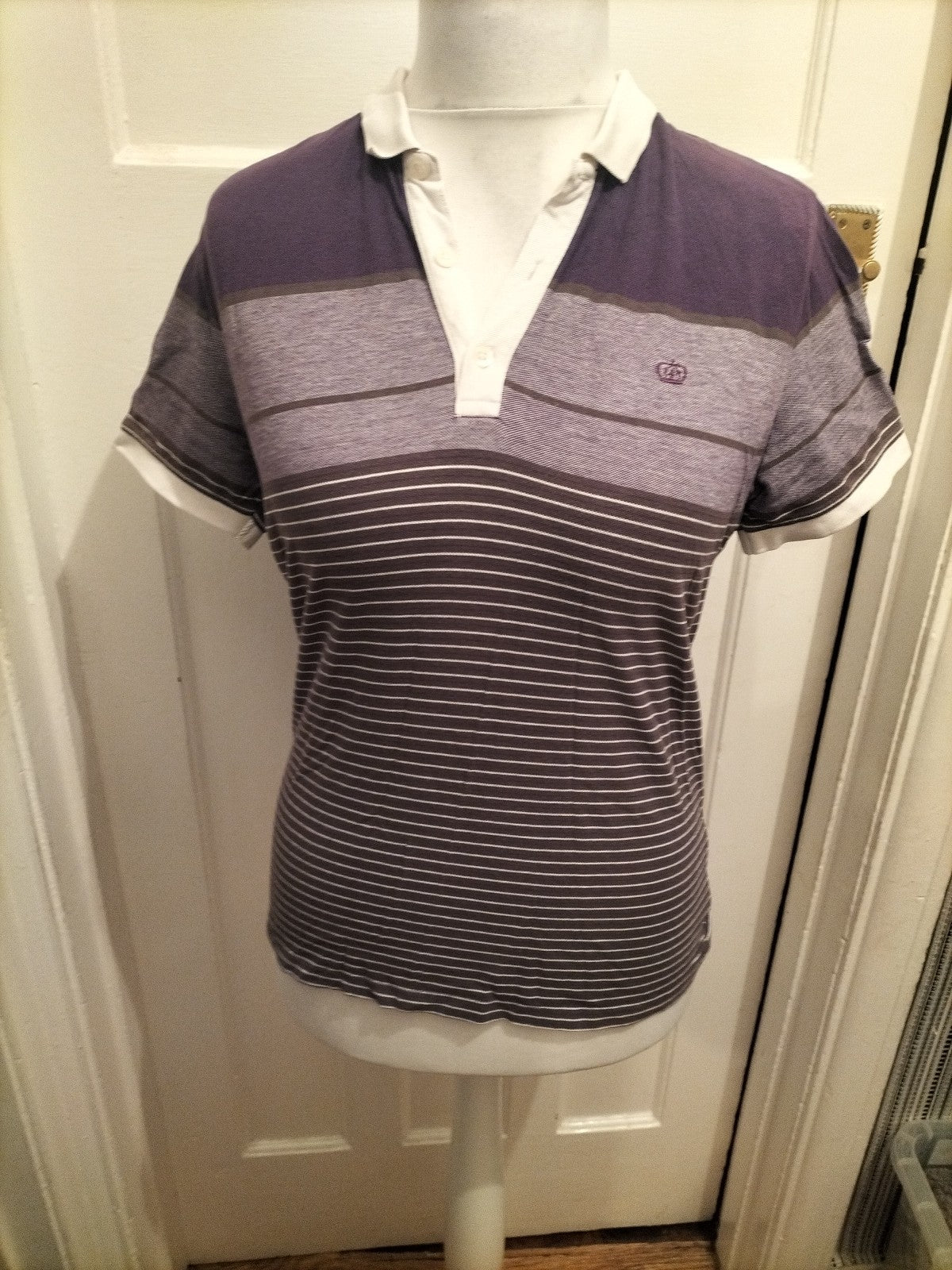 Mens Next Size Small Purple And White Striped Short Sleeved Polo