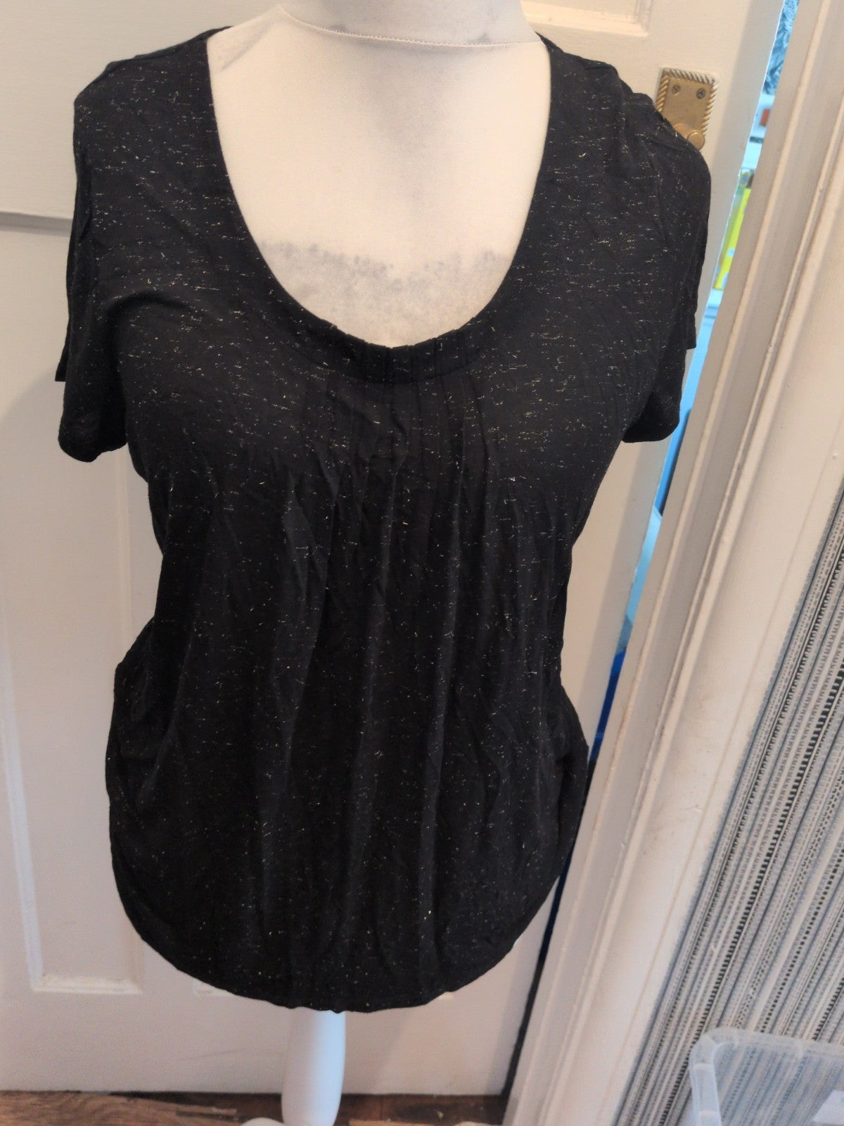 Marks And Spencer 14 Black With Gold Fleck Dashes Short Sleeved T-shirt Blouse