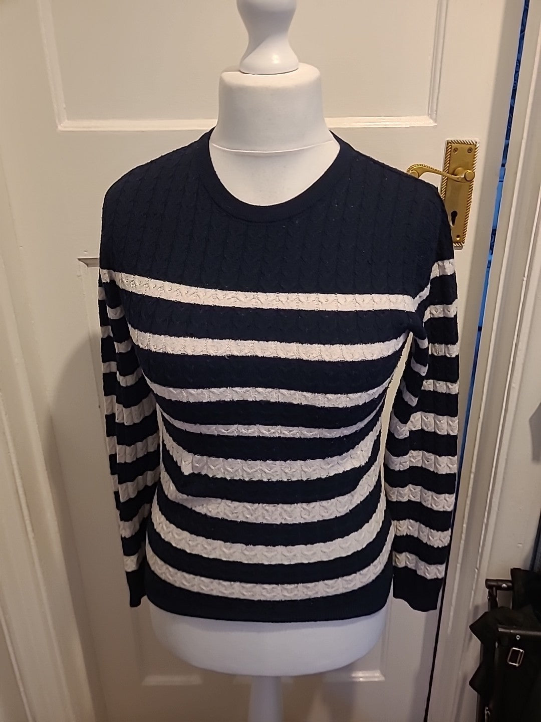 Ladies Papaya Size 8 Black White Striped Long Sleeve Jumper