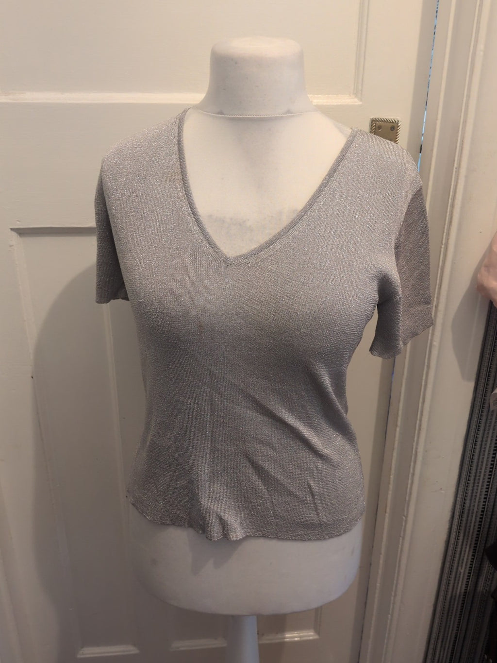 Debenhams 14 Silver Short Sleeved Blouse Stain On Front