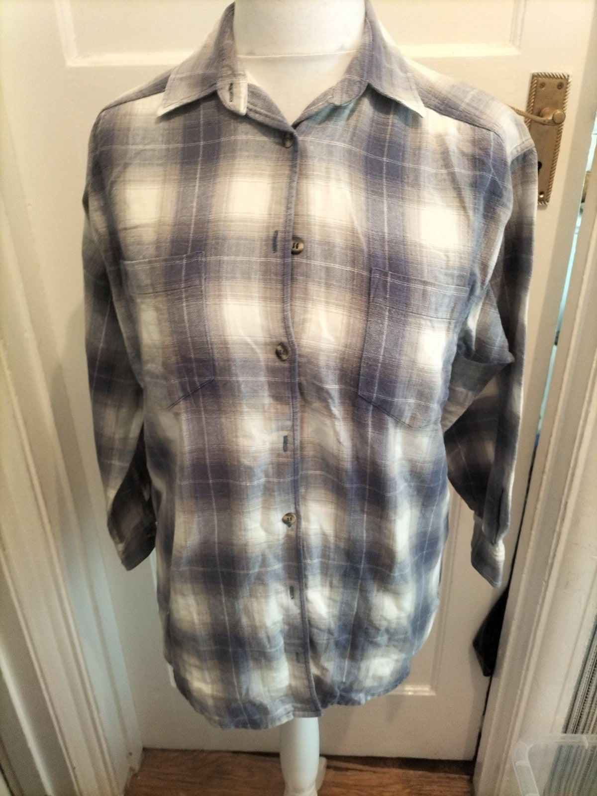 Size 12 Blue/Grey/White Check Long Sleeve Buttoned Blouse Shirt