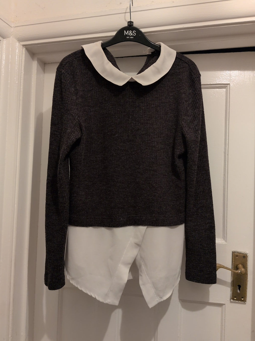 Primark 14 Grey With White Trim Long Sleeved Blouse