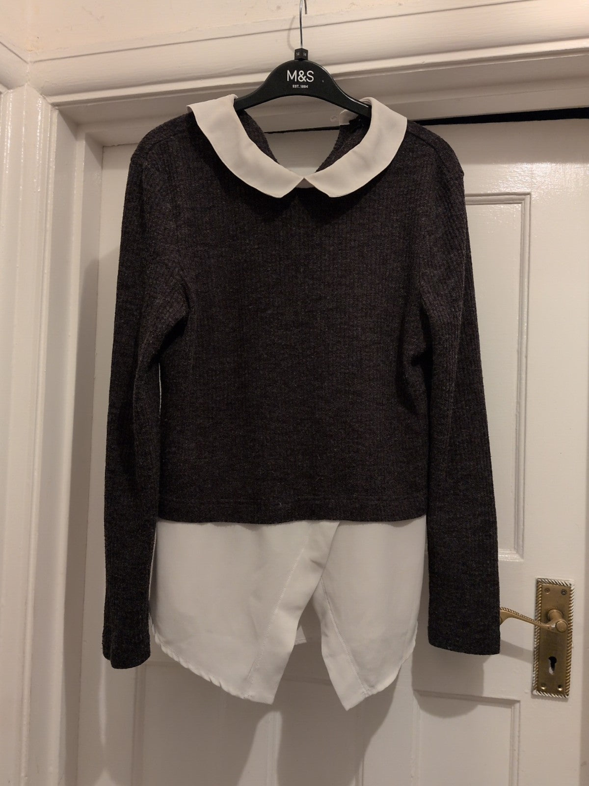 Primark 14 Grey With White Trim Long Sleeved Blouse