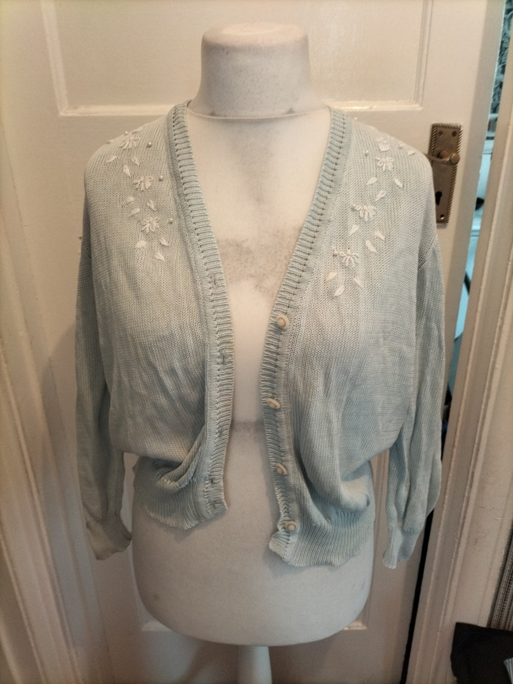 Ladies Giant Frediani Size Small Pale Blue Floral Embroidery Cardigan