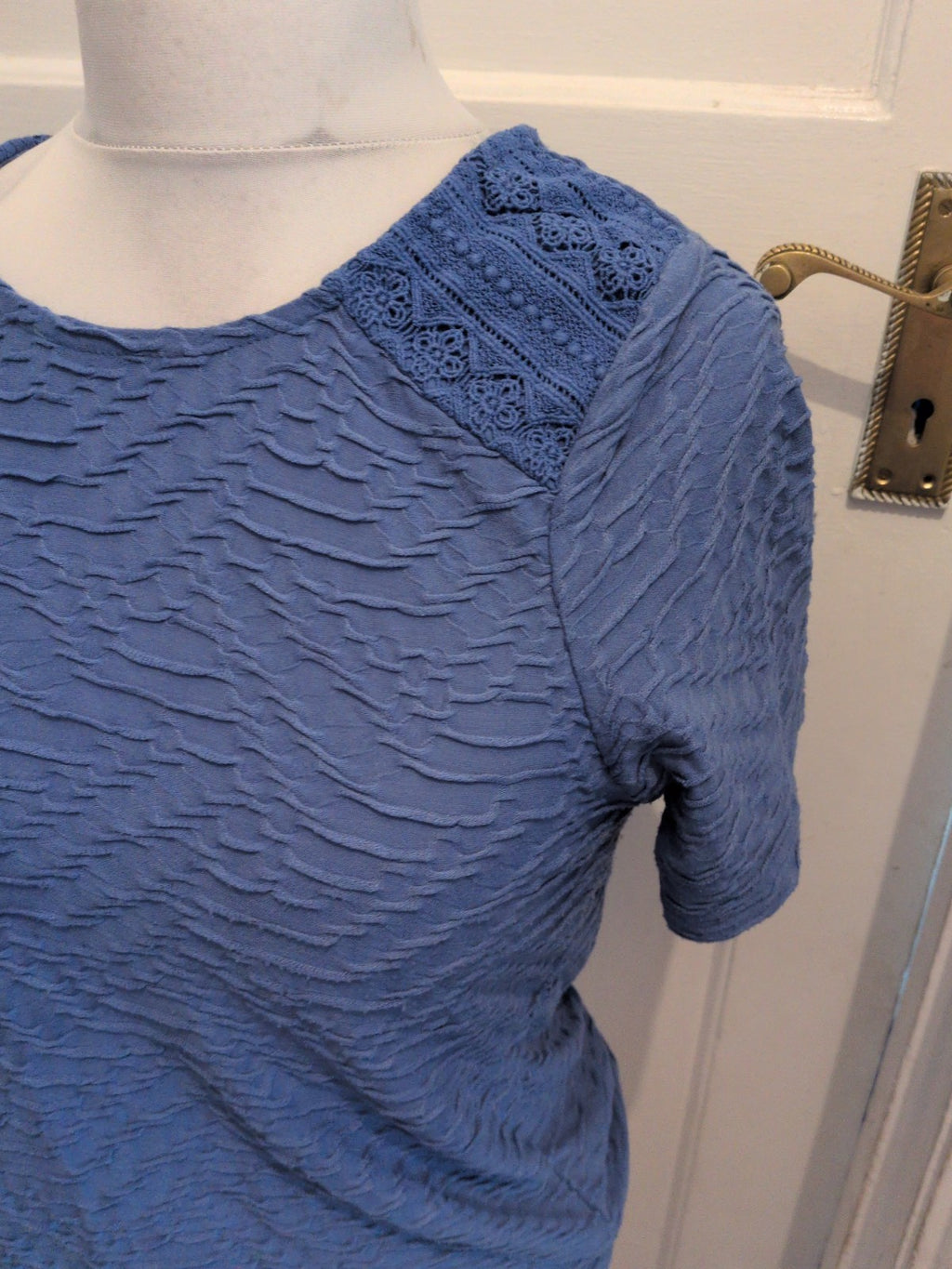 EWM Medium Blue Raised Rib Short Sleeve Blouse