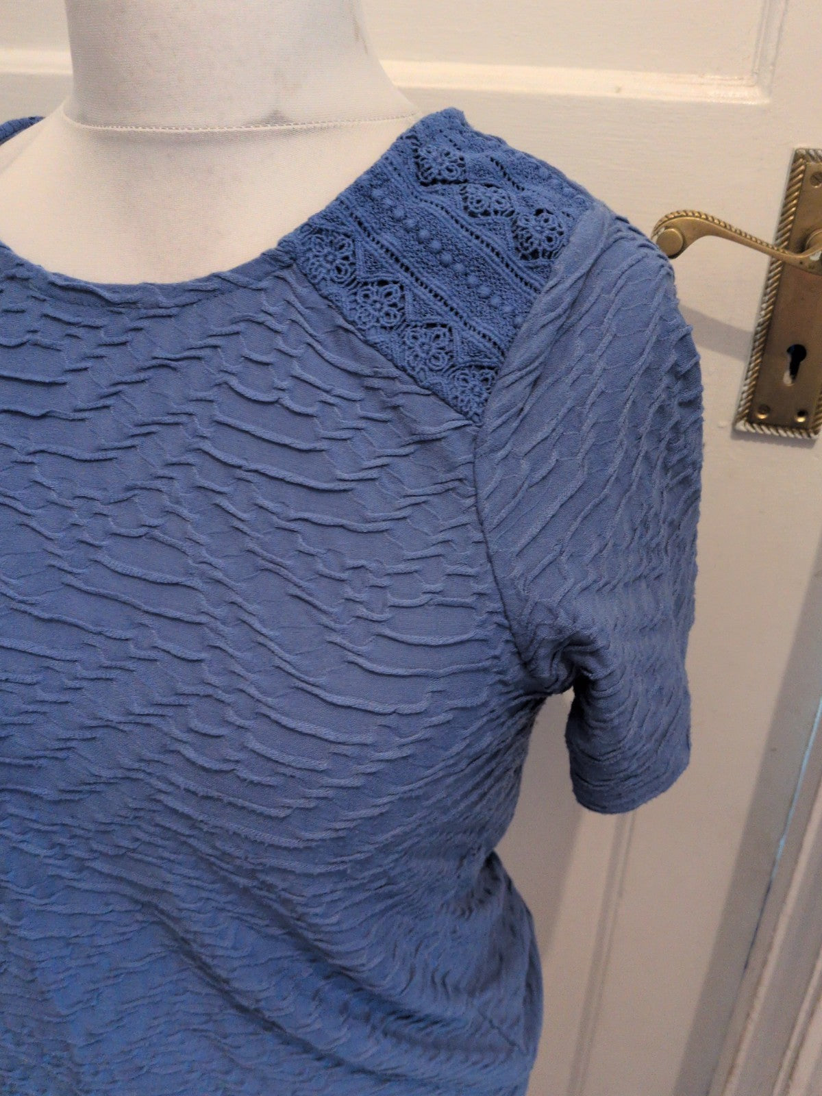EWM Medium Blue Raised Rib Short Sleeve Blouse