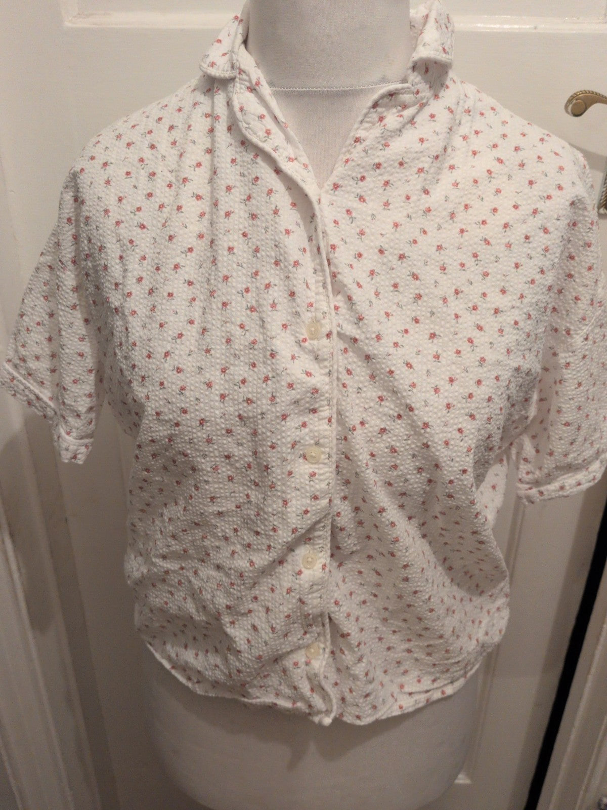 H&M 12-14 Years White Floral Short Sleeve Buttoned Top