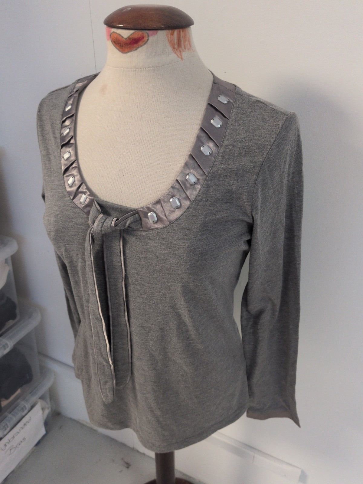 Per Una 12 Grey Long Sleeve Pattern Neck Blouse