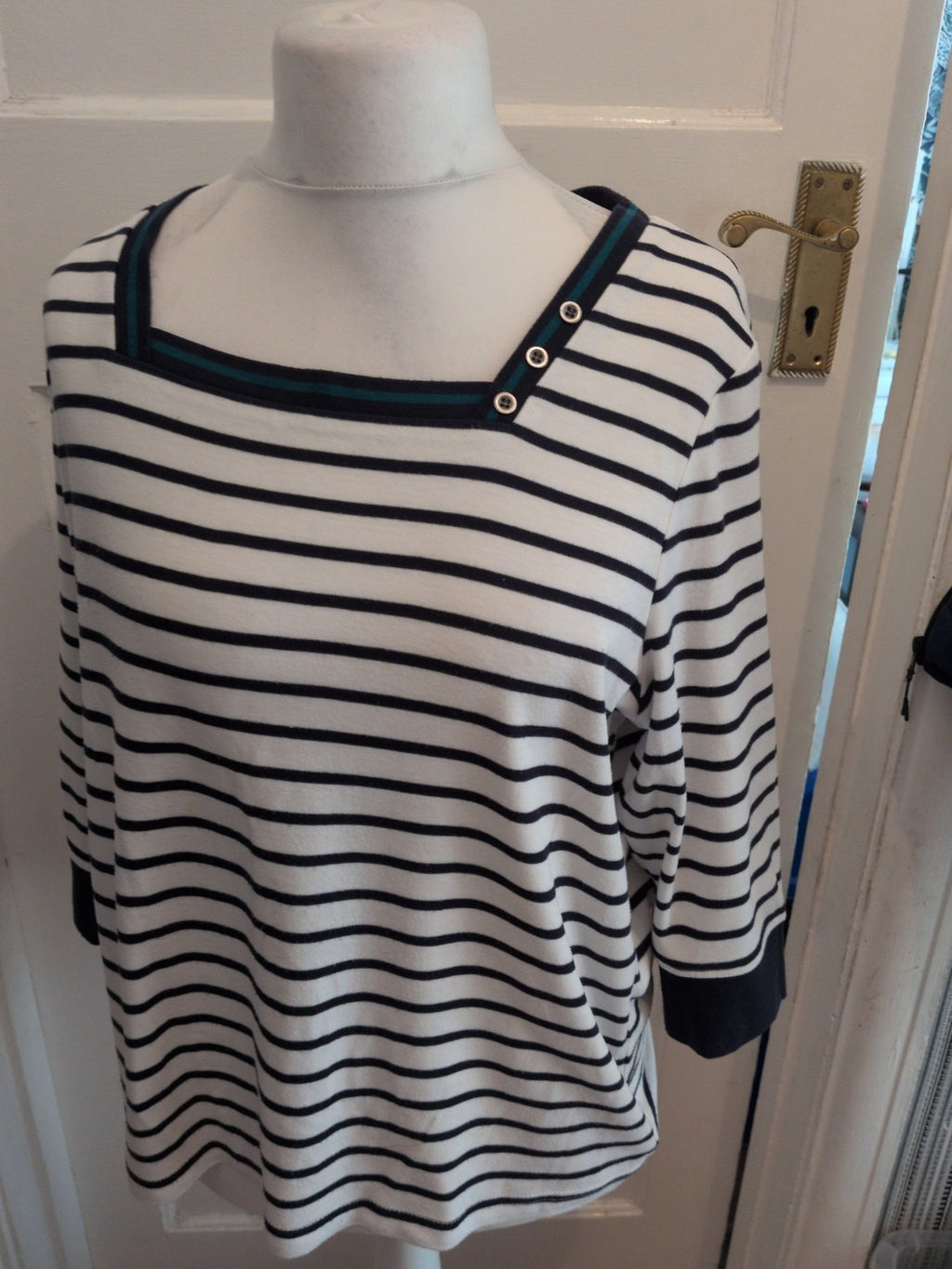 BM Casual Large Navy White 3/4 Sleeve Square Neck Top