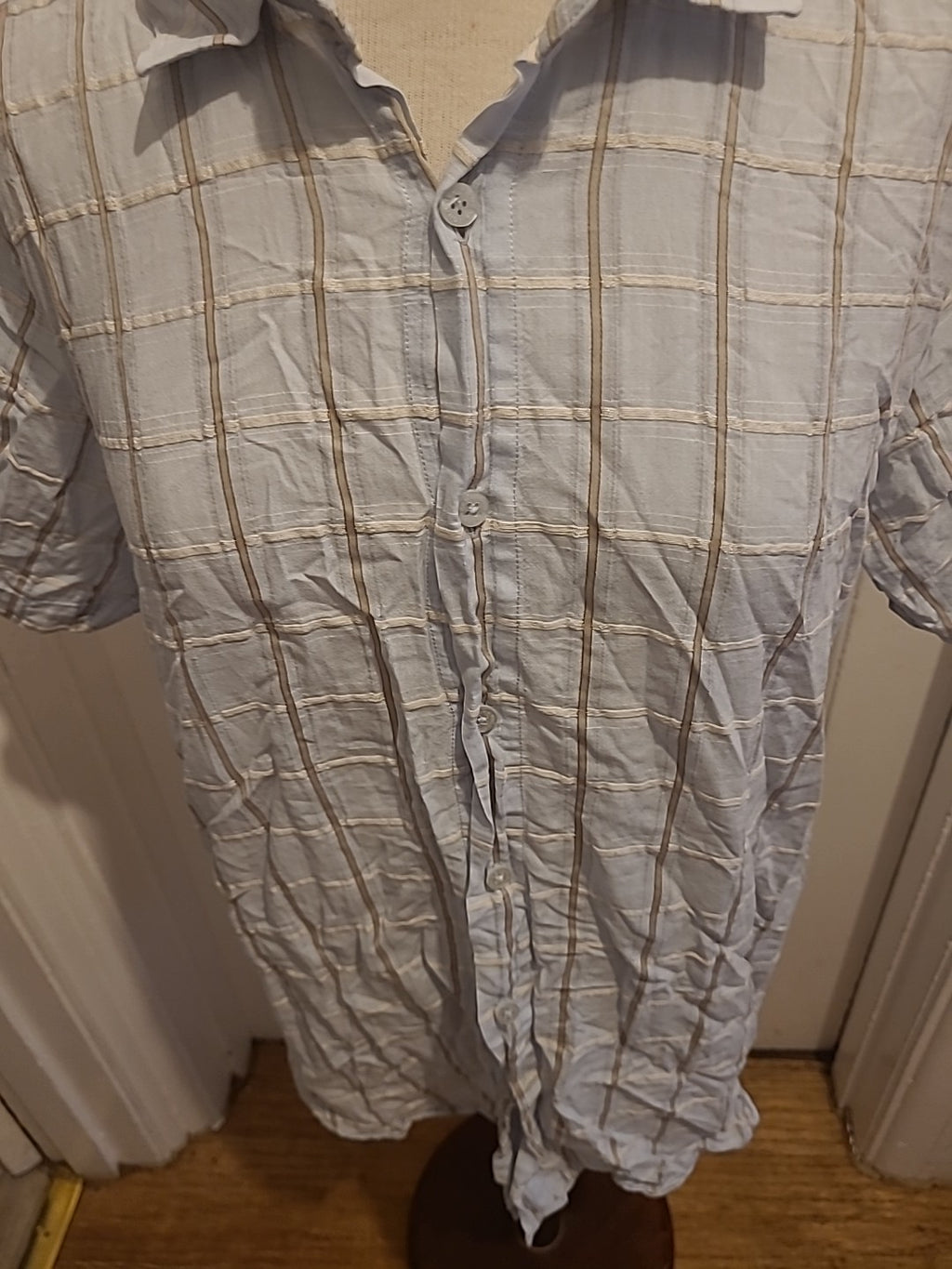 Mens Rocham.John Rocha Size Large Light blue white Gold Checked Short Sleeve...