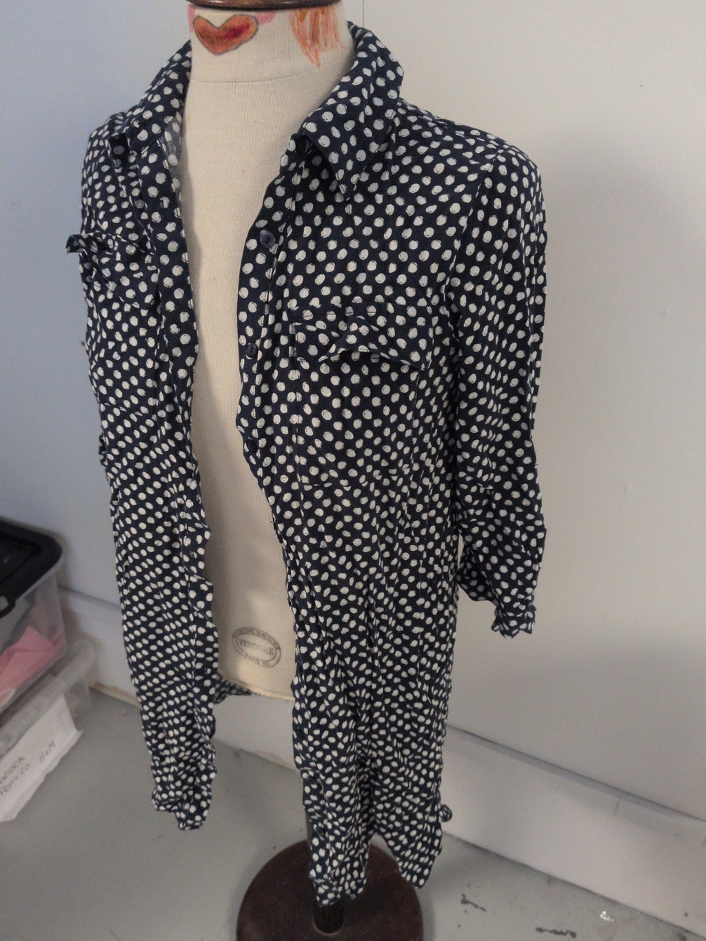 Dorothy Perkins 12 Navy And White Spot Buttoned Collared Blouse Long Sleeve
