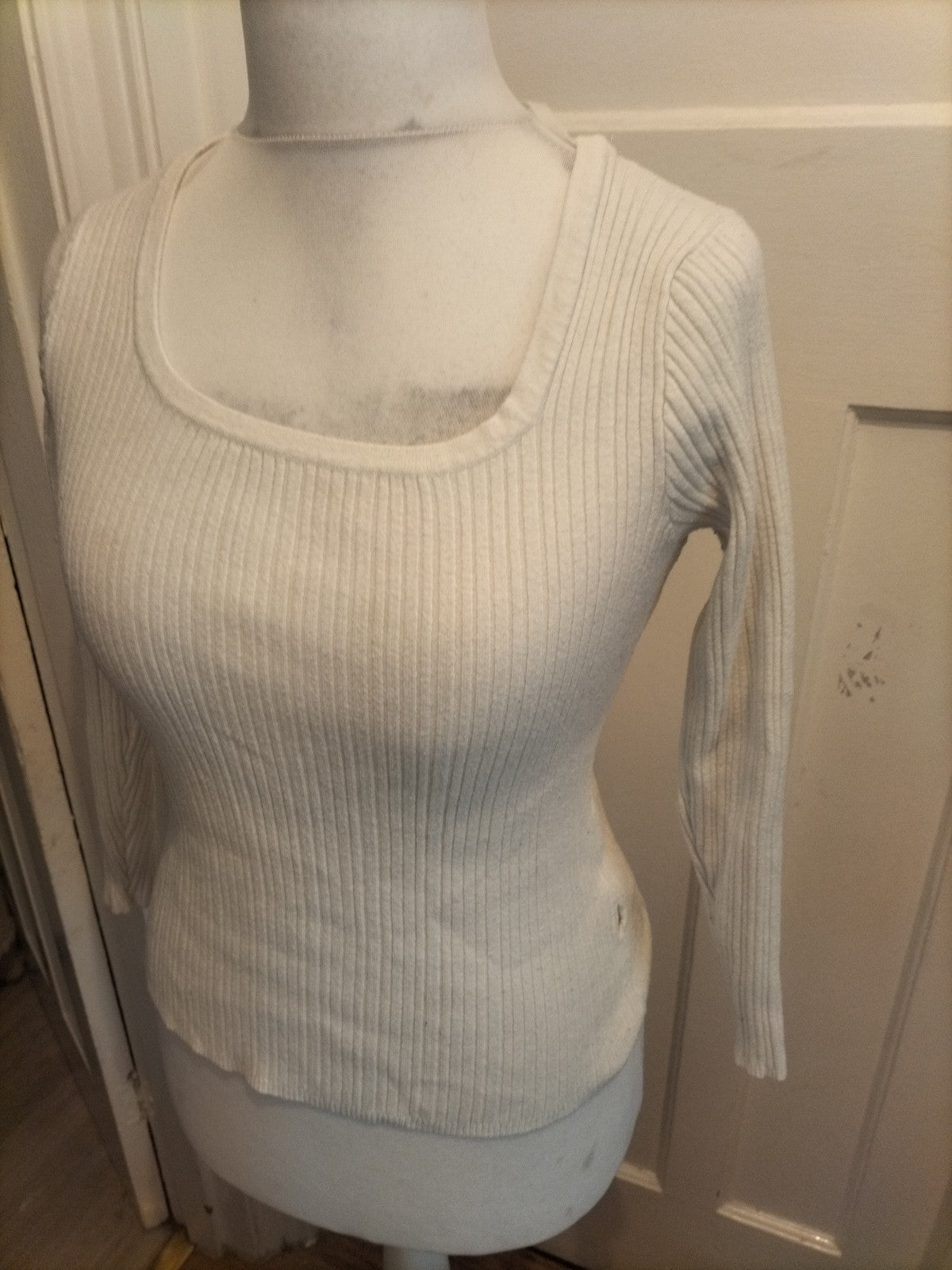 Primark 14-16 White Brush Rib Long Sleeve Square Neck Top