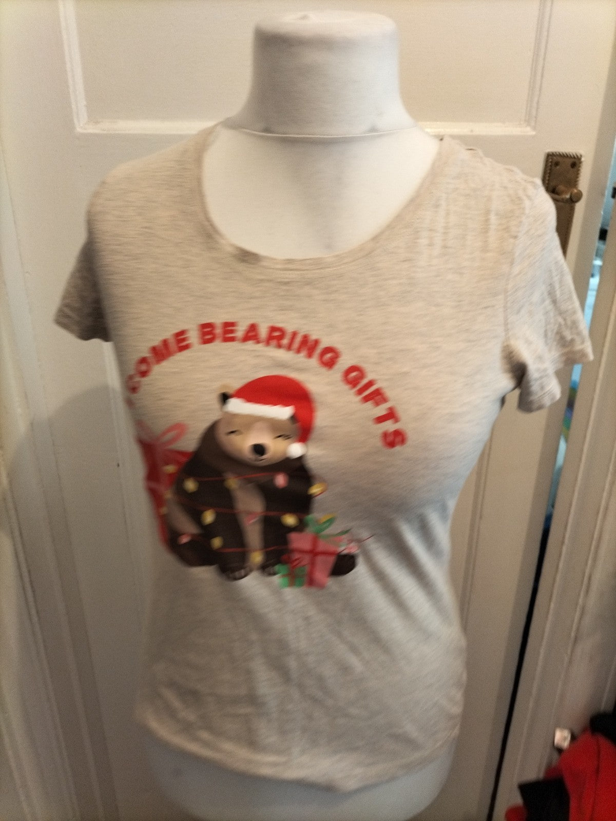 Ladies Tu Size 8 Grey Bear Gifts Short Sleeved Pyjama Top