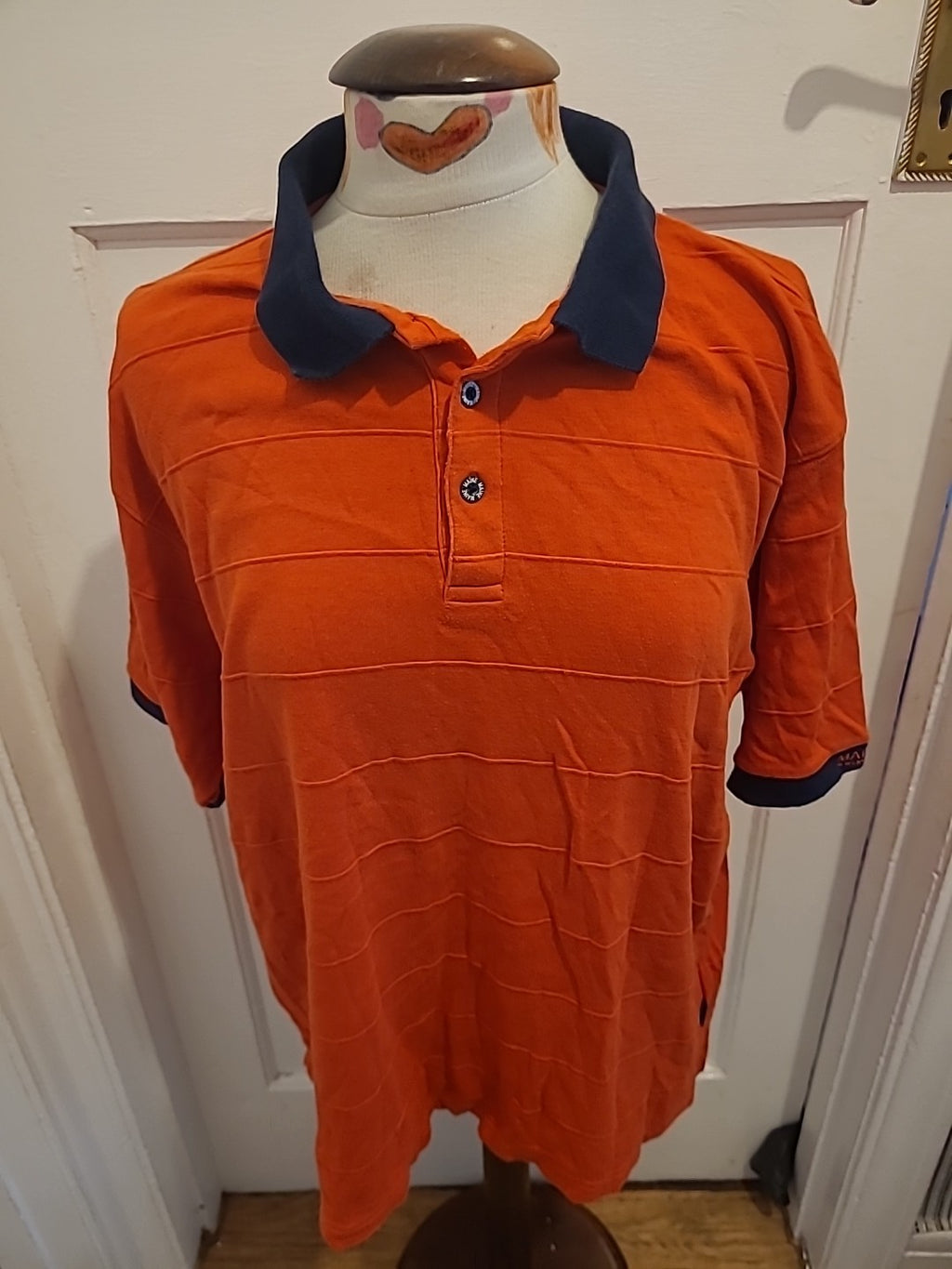 Mens Maine New England Size Large Orange Navy Short Sleeved Polo