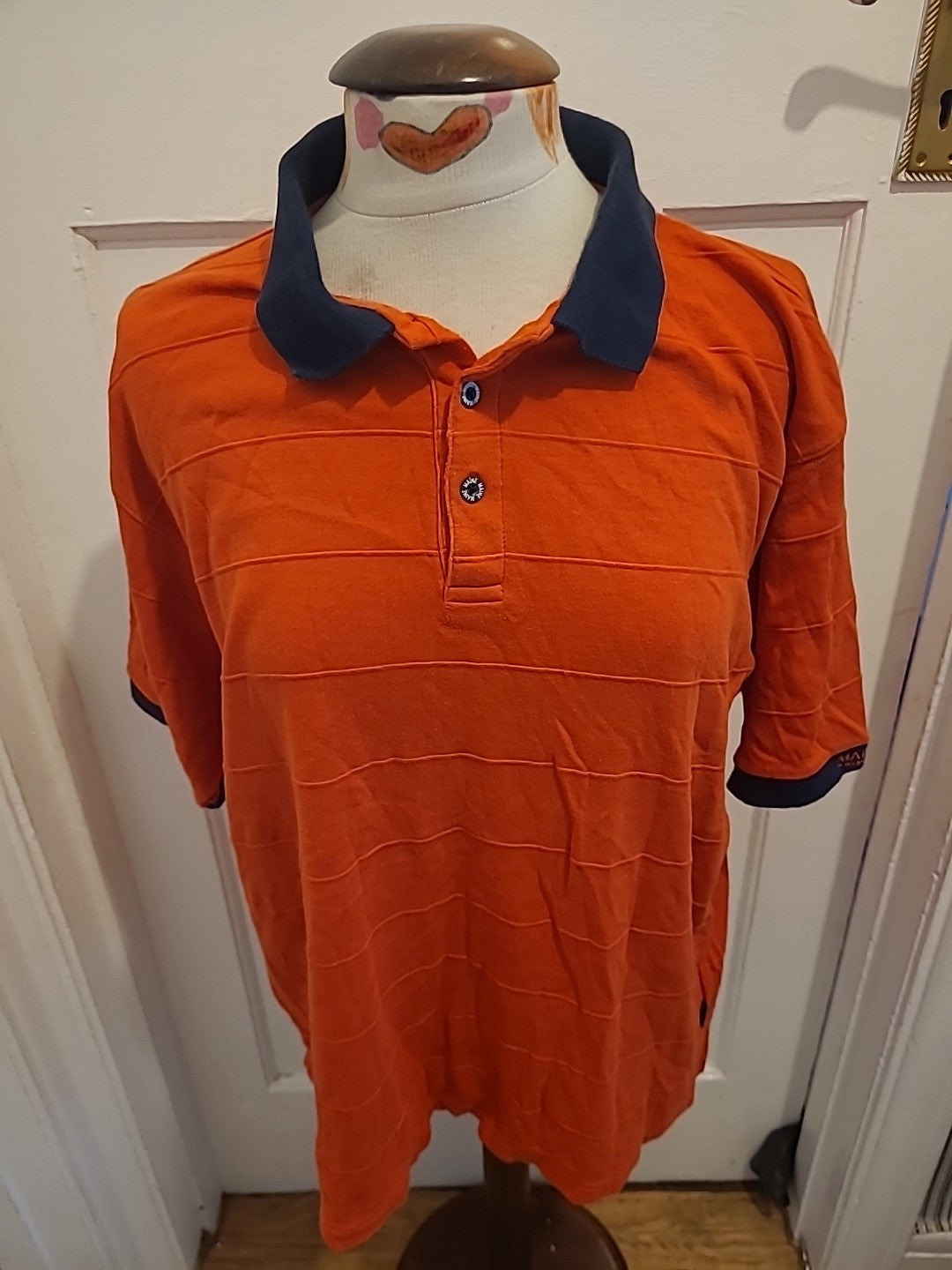 Mens Maine New England Size Large Orange Navy Short Sleeved Polo