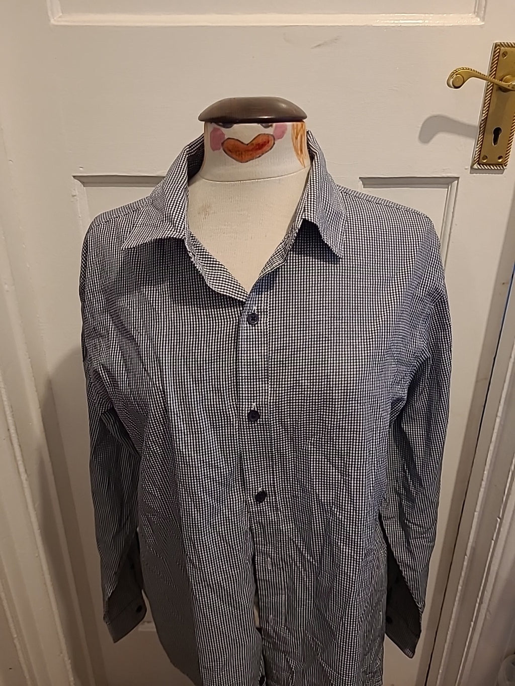 Mens George Size XL Navy White Tiny Check Shirt Long Sleeved