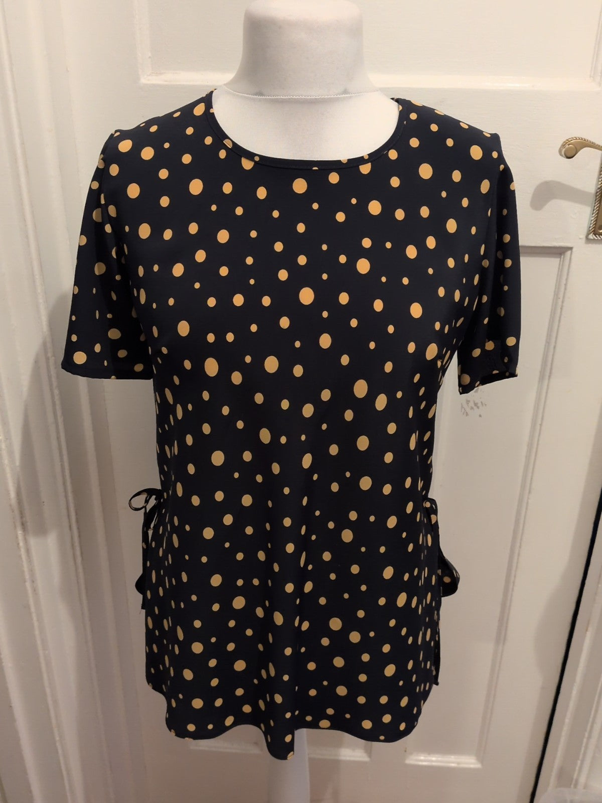 Chianti 12 Navy And Brown Spotted Short Sleeve Blouse(Pad Missing One Side)