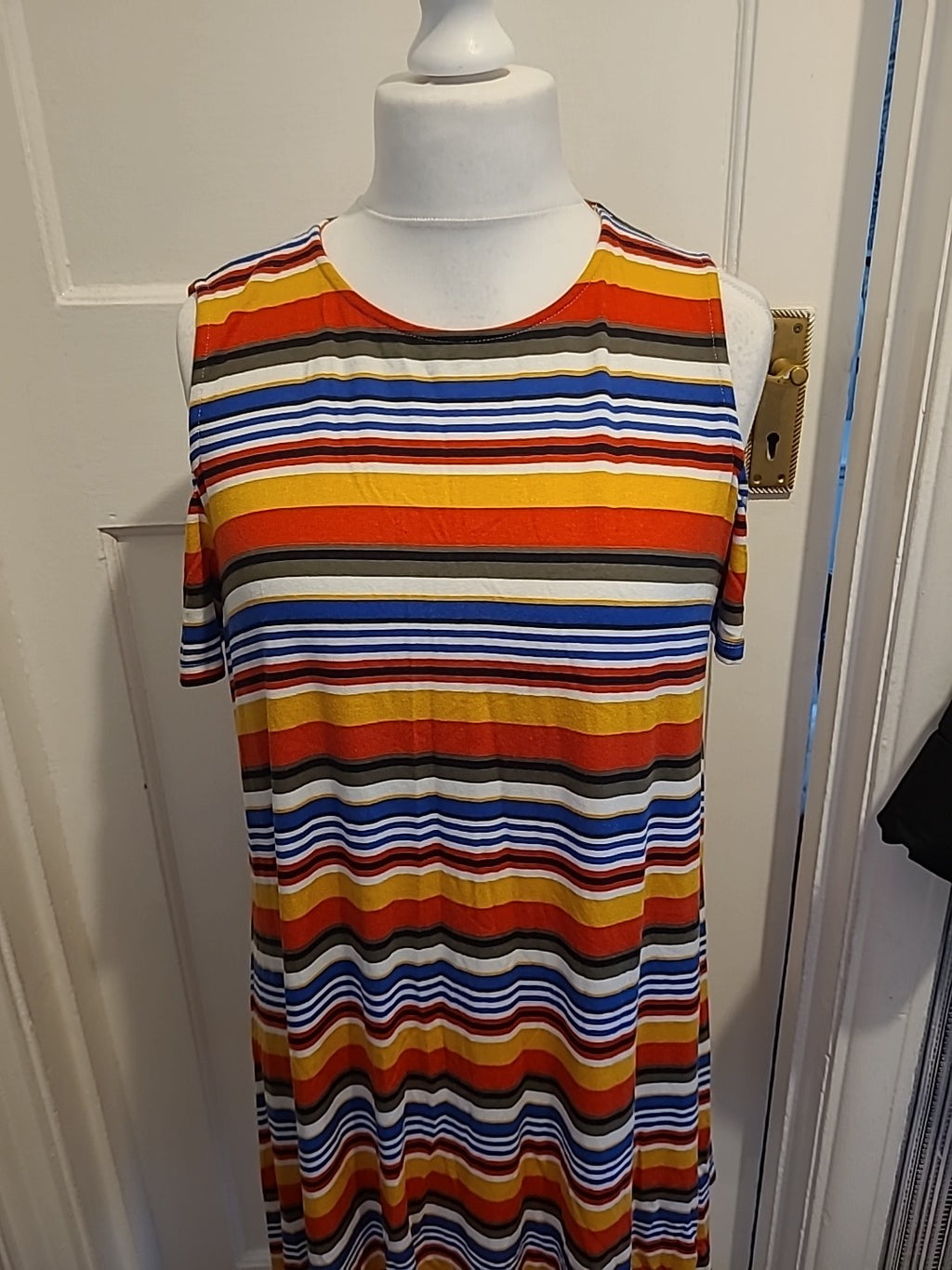 Ladies Papaya Size M Multi Striped Open Shoulder Flare Dress