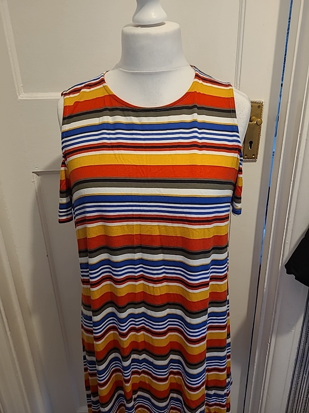 Ladies Papaya Size M Multi Striped Open Shoulder Flare Dress