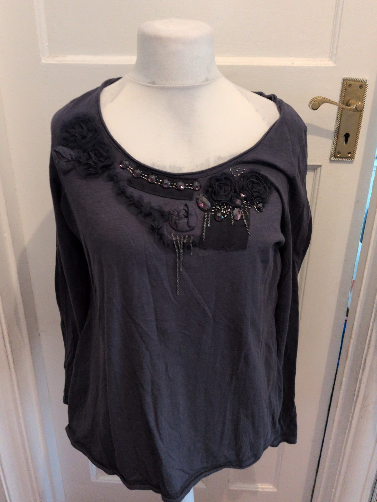 Marks And Spencer 20 Navy Floral Neck Long Sleeve Blouse