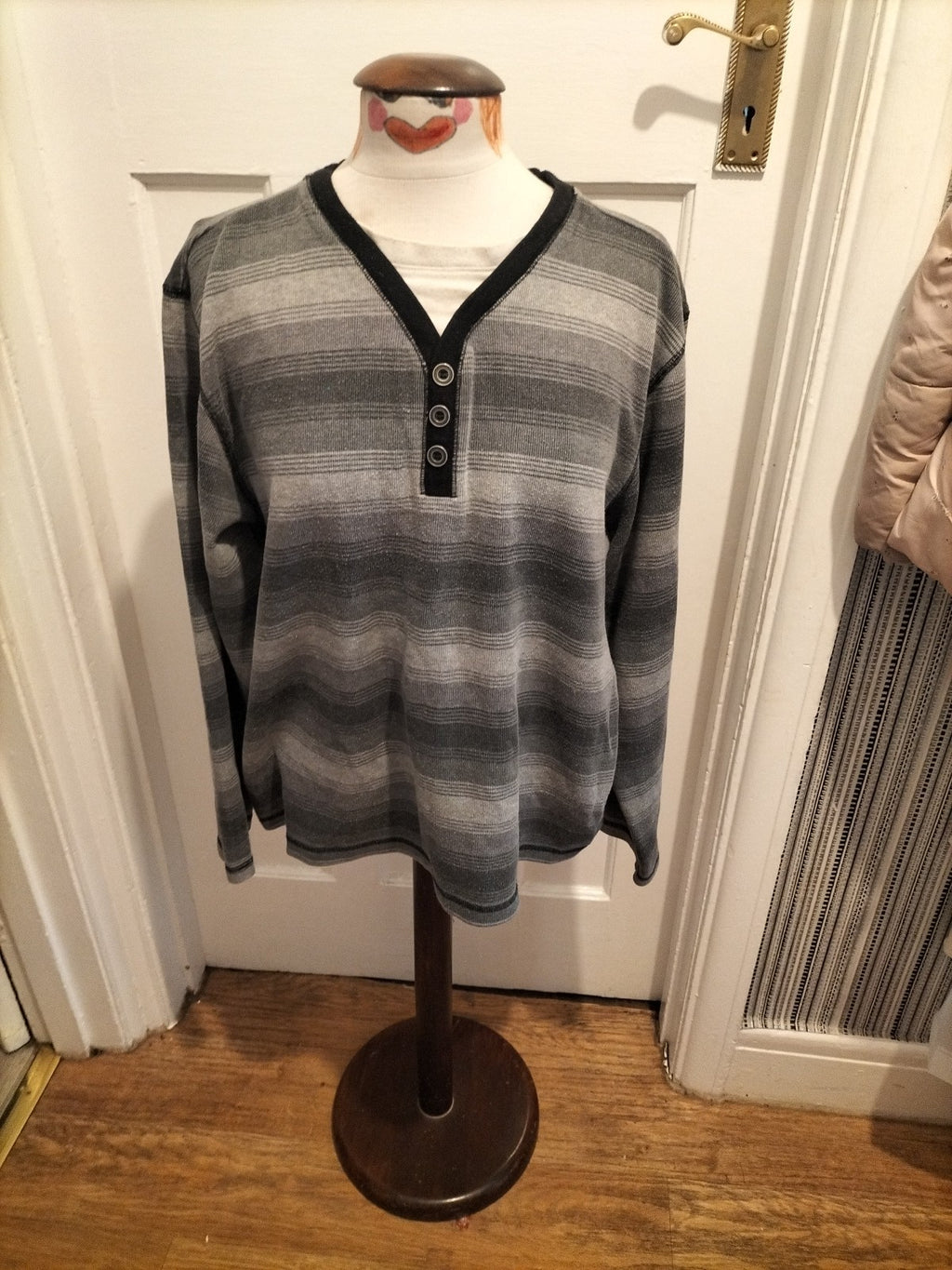 Mens Easy Size 2xl 2 Tone Grey Striped Long Sleeved Polo