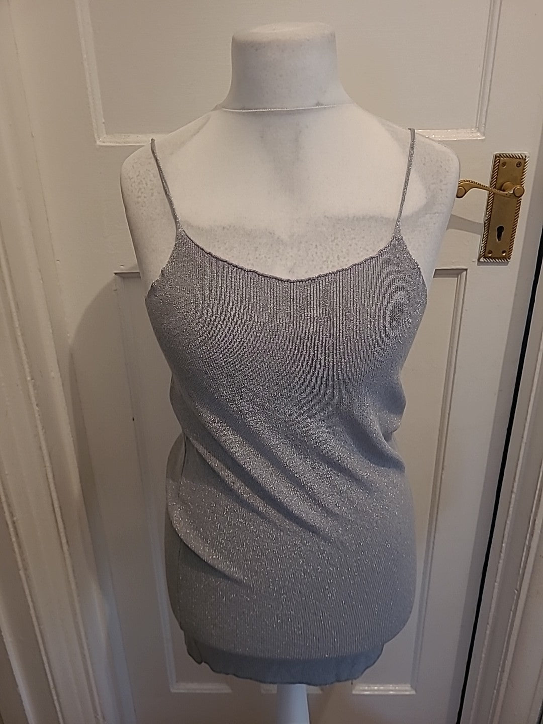 Ladies Zara Size Large Grey Shimmer Sleeveless Strappy Longline Blouse