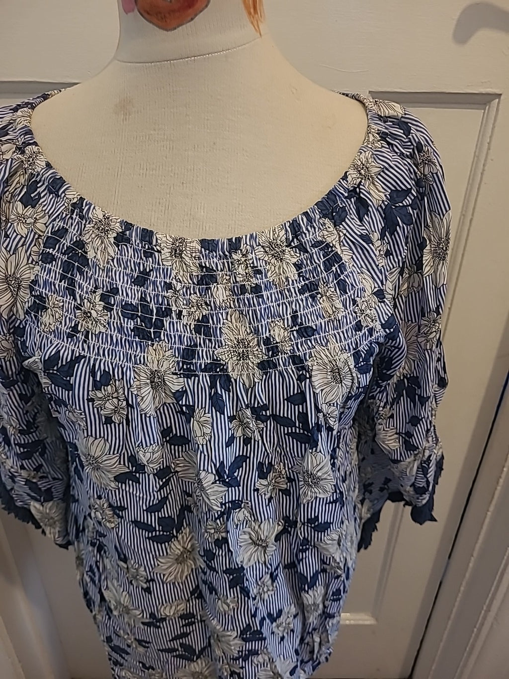Ladies Klass Size 14 Blue Navy White Stripe Floral Mid Sleeved Elasticated...