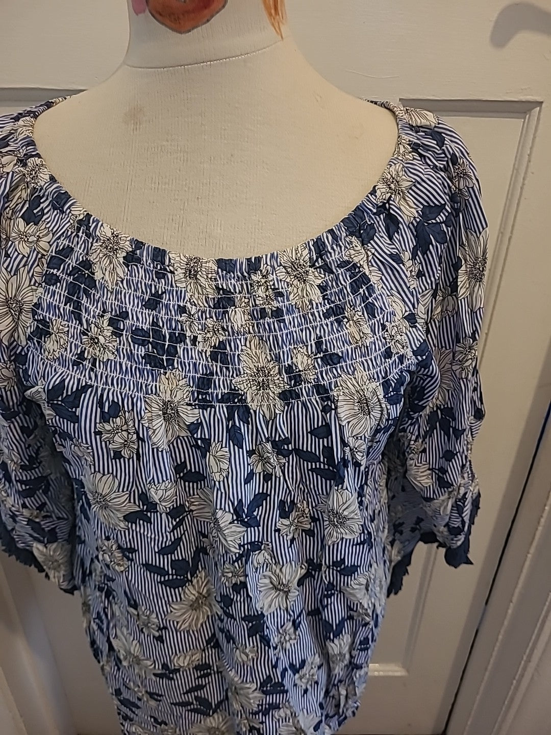 Ladies Klass Size 14 Blue Navy White Stripe Floral Mid Sleeved Elasticated...