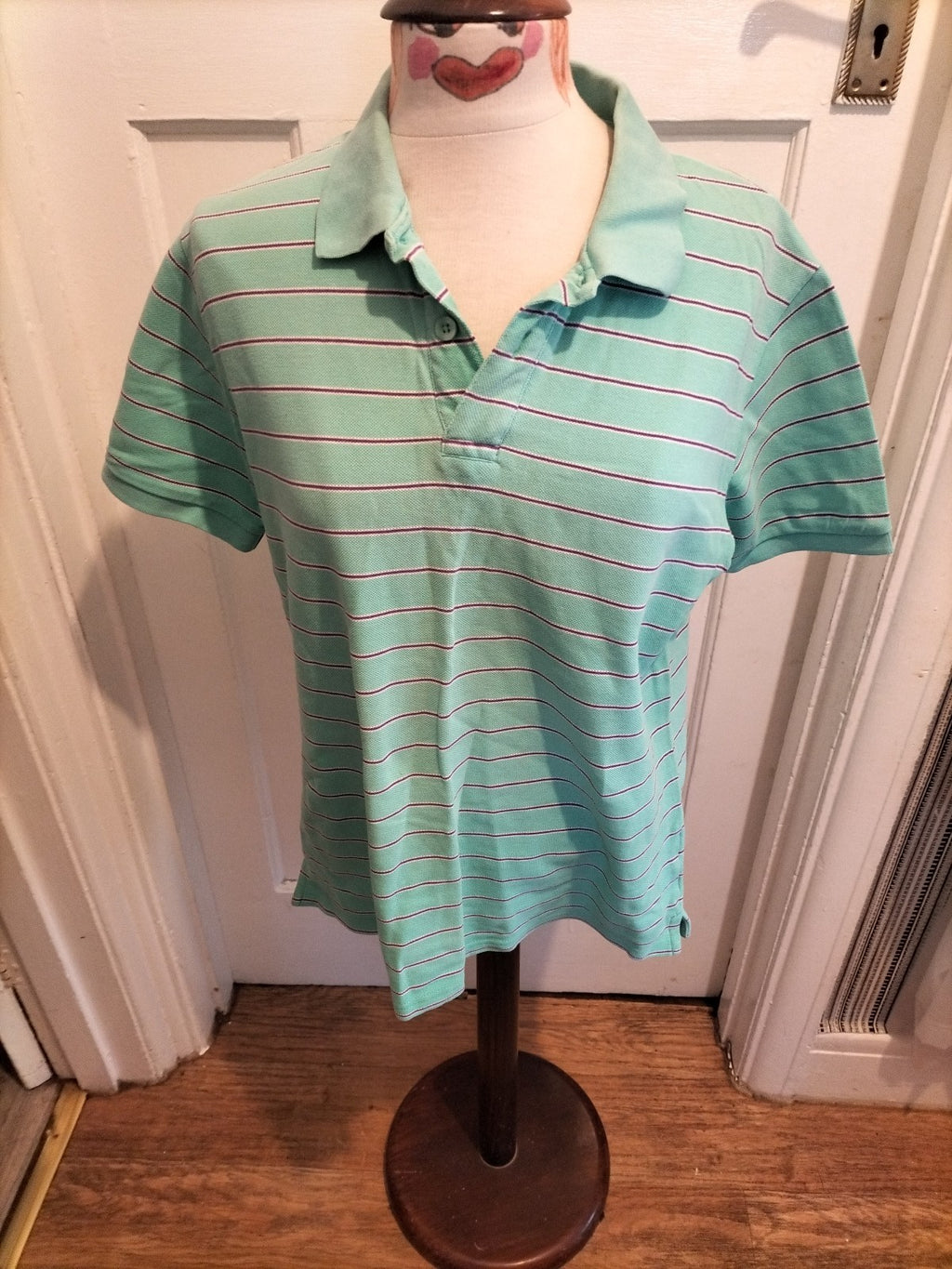 Mens Easy Size Medium Sea Green/Navy Striped Polo