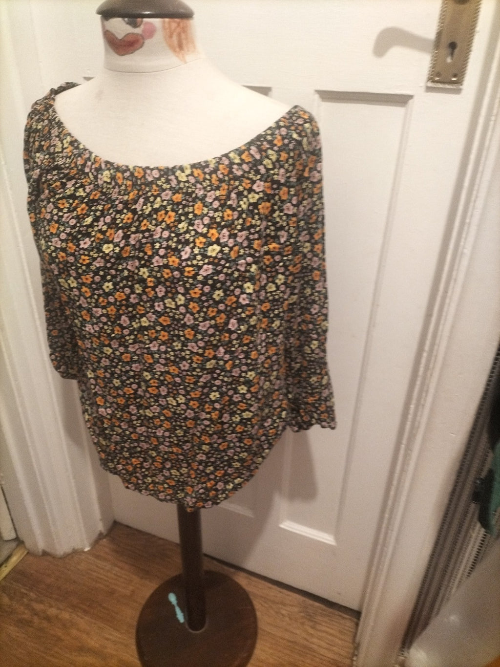 Ladies Select Size 12 Black With Multi Floral Elasticated Hem Blouse