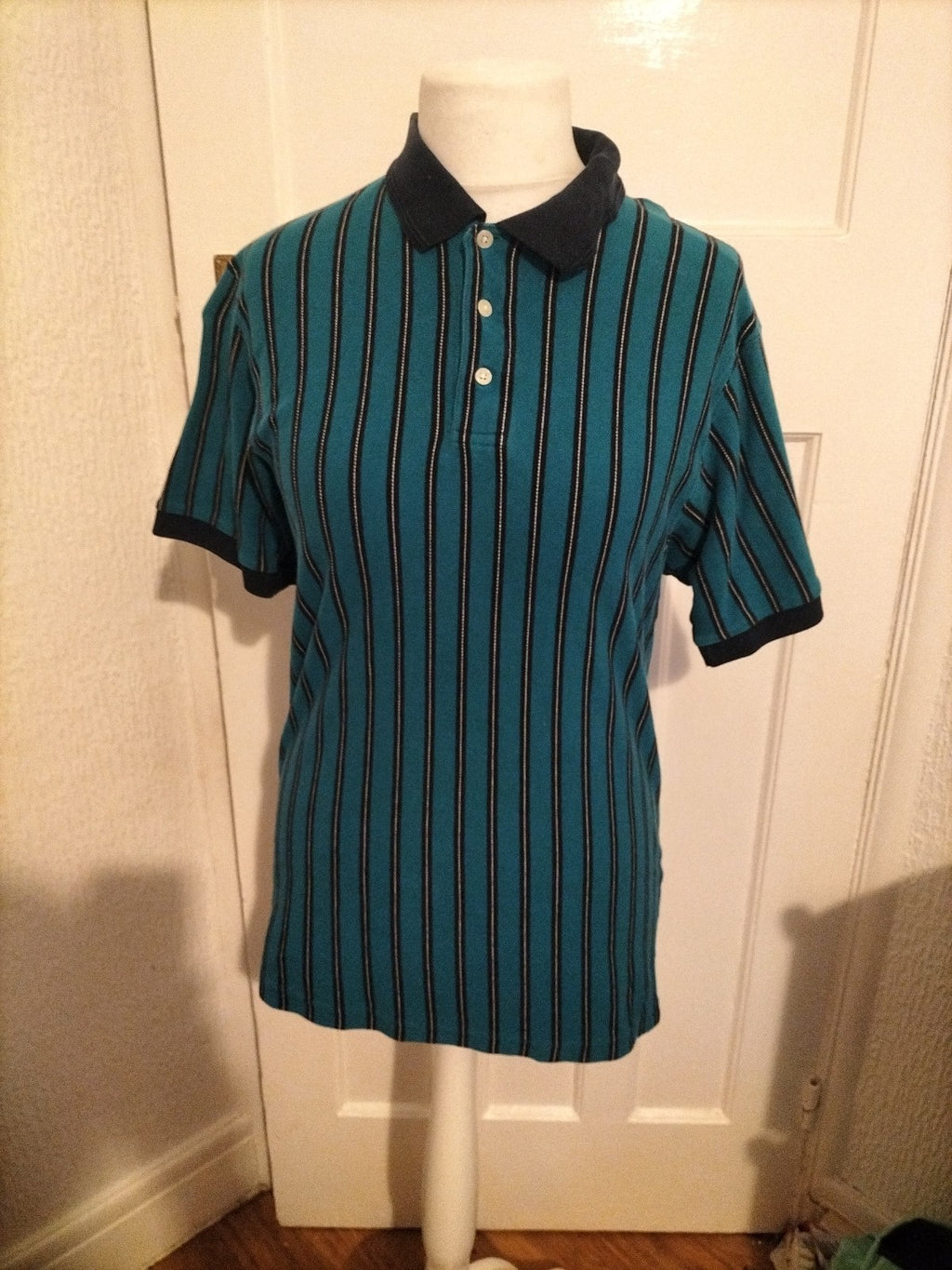 Mens BHS Size Small Teal/Black/White Short Sleeved Polo