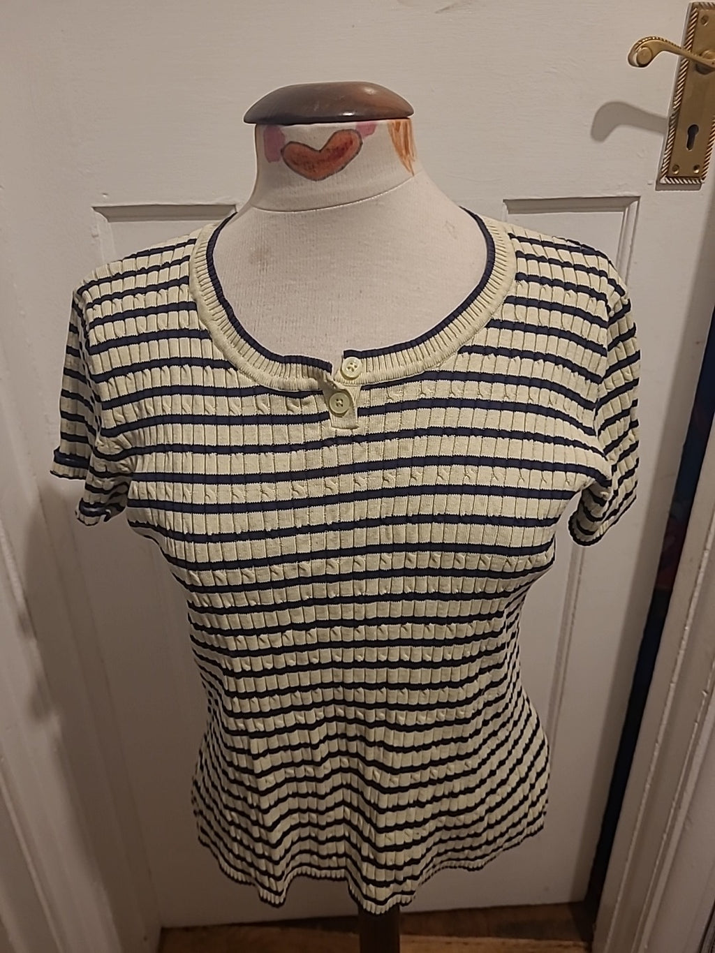 Ladies Croft&Barrow Size Large Navy/Off White Striped Short Sleeved Tshirt