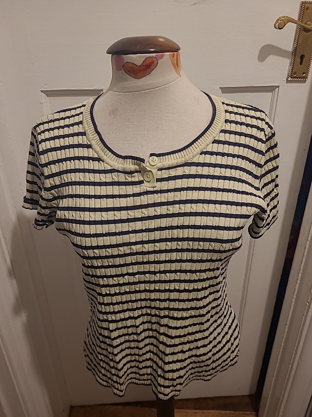 Ladies Croft&Barrow Size Large Navy/Off White Striped Short Sleeved Tshirt