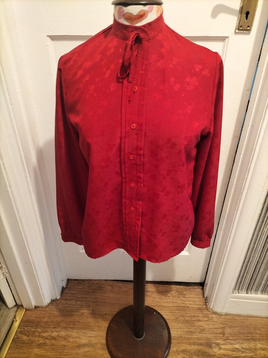 Ladies St Michael Size 12 Red Long Sleeved Floral Material Blouse